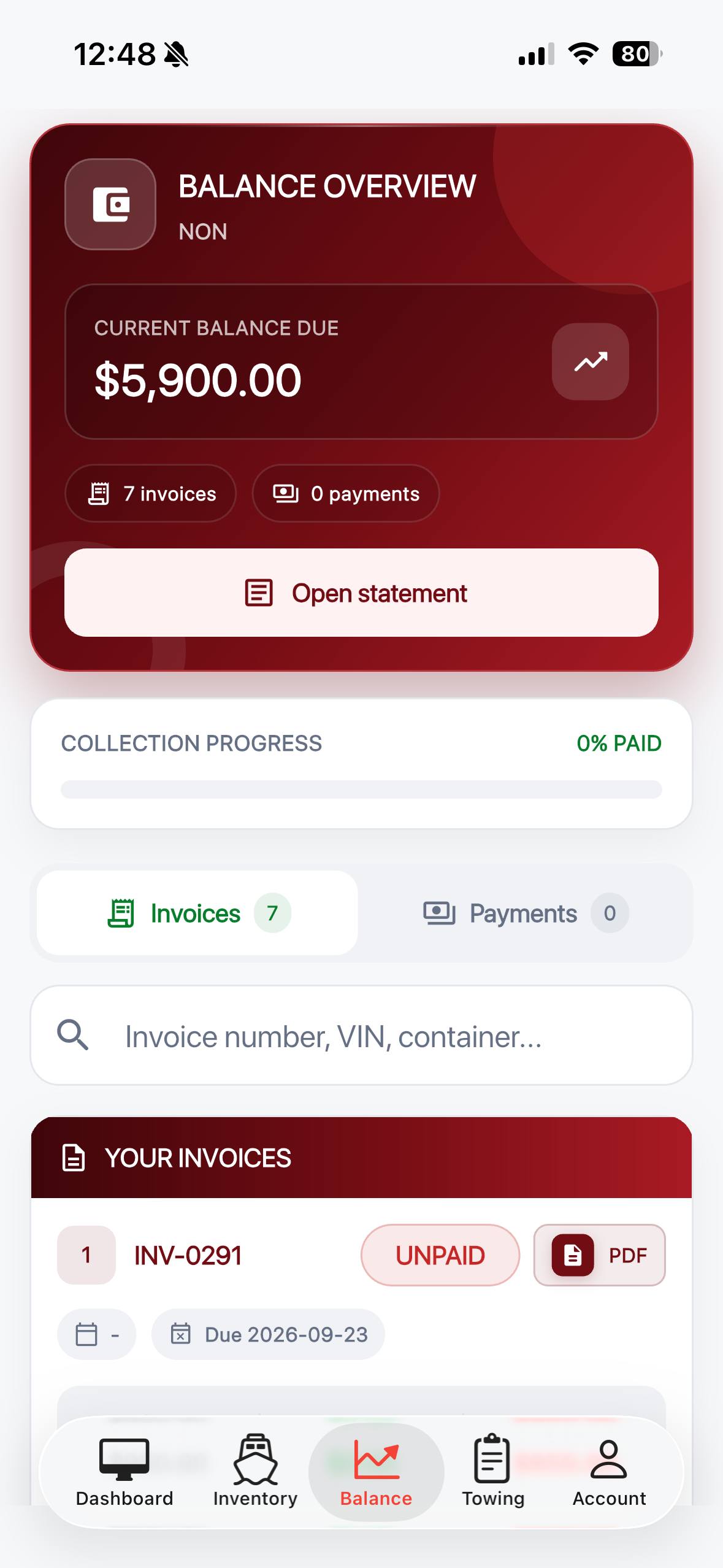 Awtar Auto Shipping balance screen