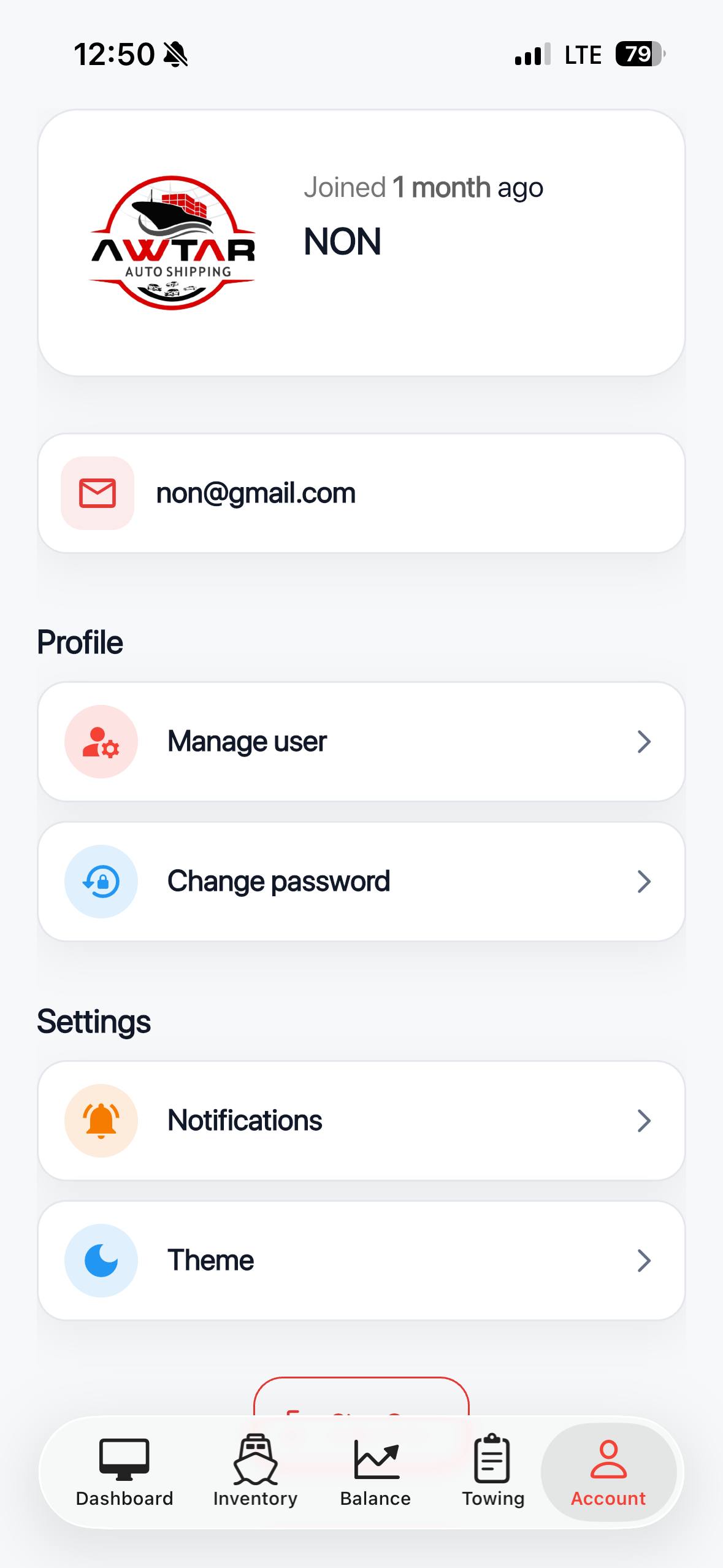 Awtar Auto Shipping account screen