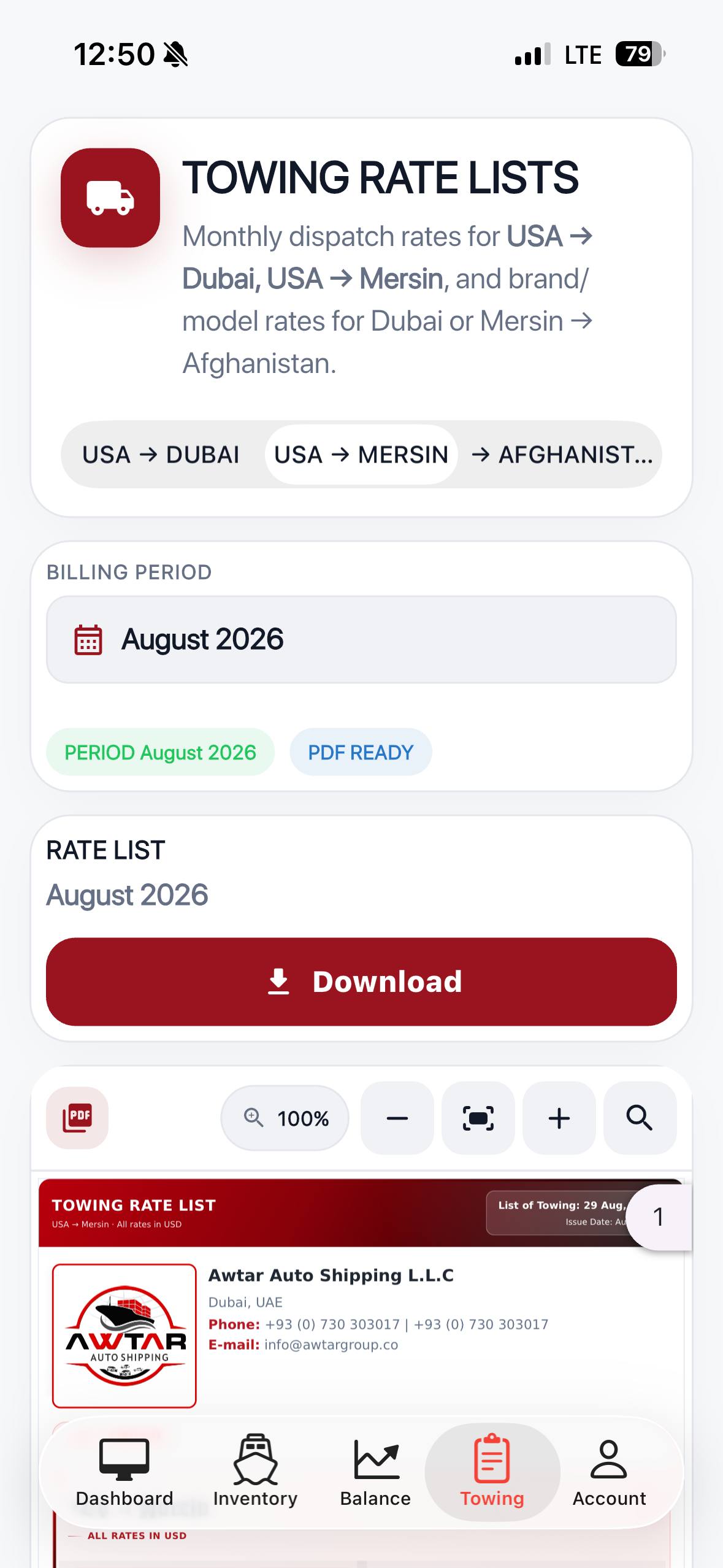 Awtar Auto Shipping details screen