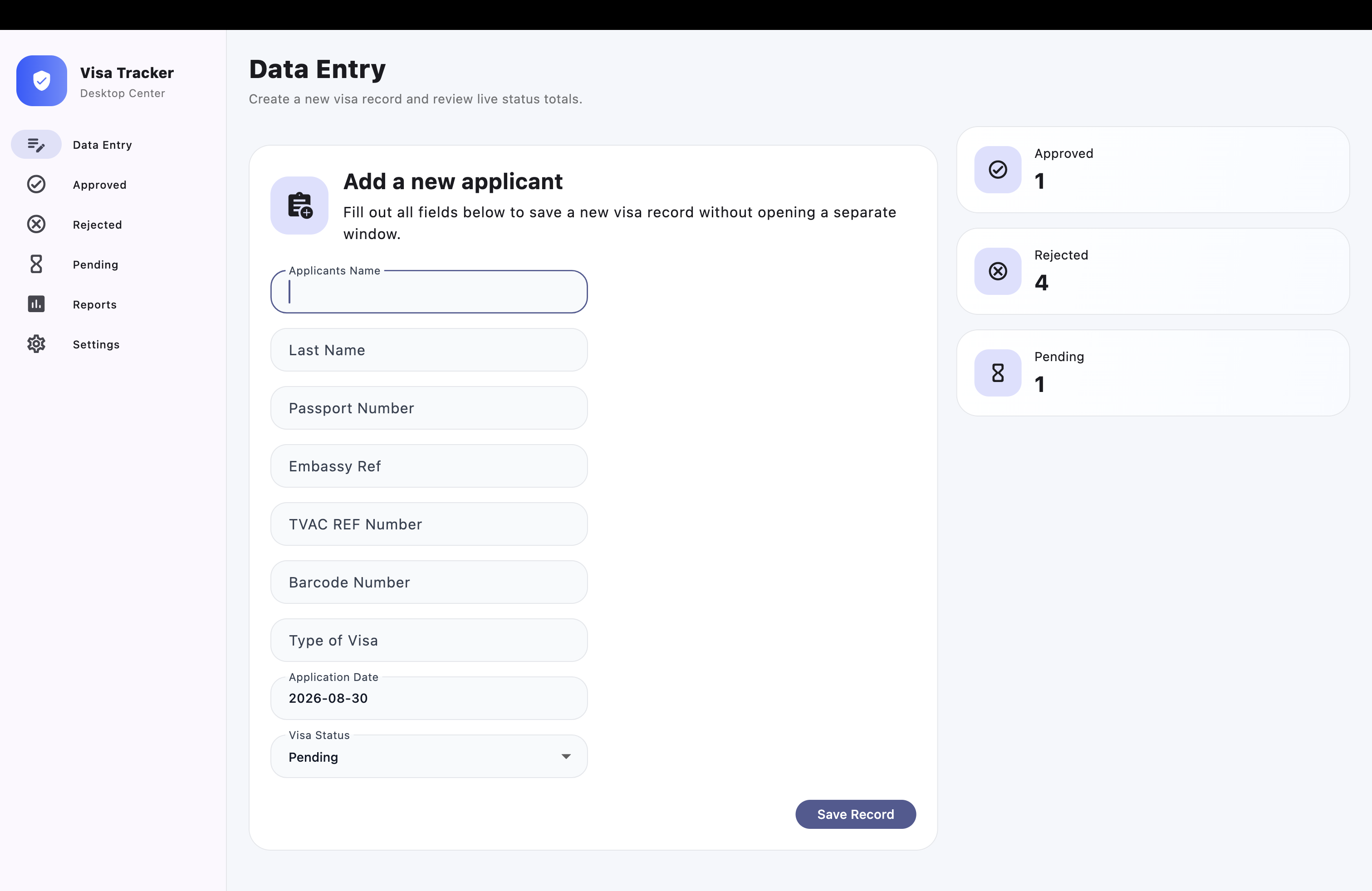 Visa Center applicant data entry dashboard